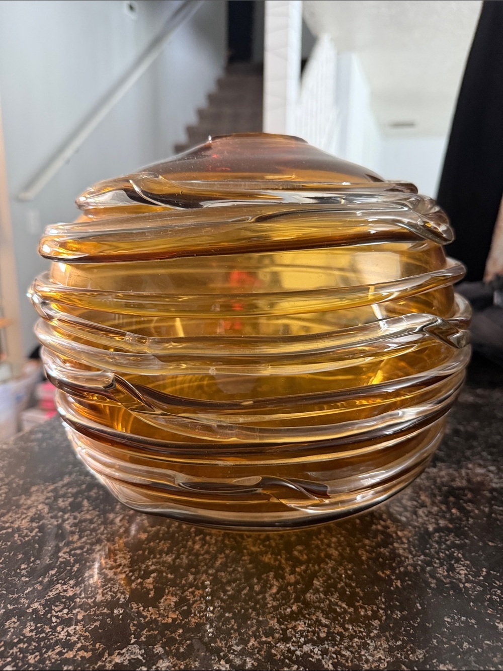 William Yeoward Strata Amber Globe Vase Votive Hand Blown Art Glass Signed